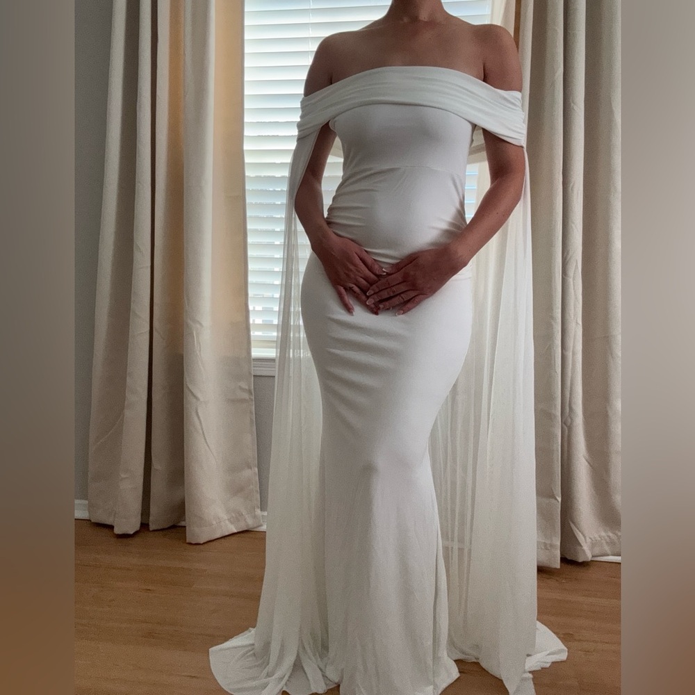 CLUB L - CARLOTTA WHITE BARDOT MAXI DRESS WITH CHIFFON CAPE
